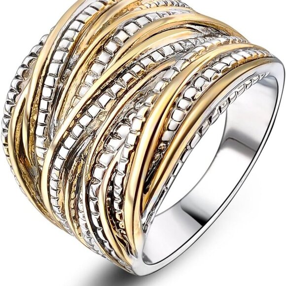 Jewelry - 2 Tone Intertwined Crossover Statement Ring Fashion Chunky Band Rings for Women